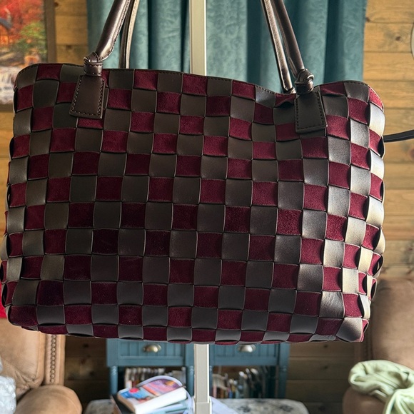 Tory Burch Burgundy and Black Checkered Tote - Picture 7 of 15